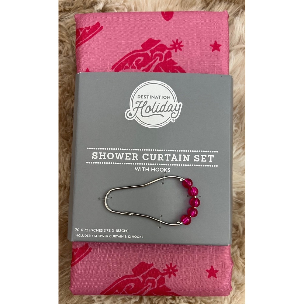 Destination Holiday Pink Shower Curtain Set with 12 Beaded Hooks 70x72 833276